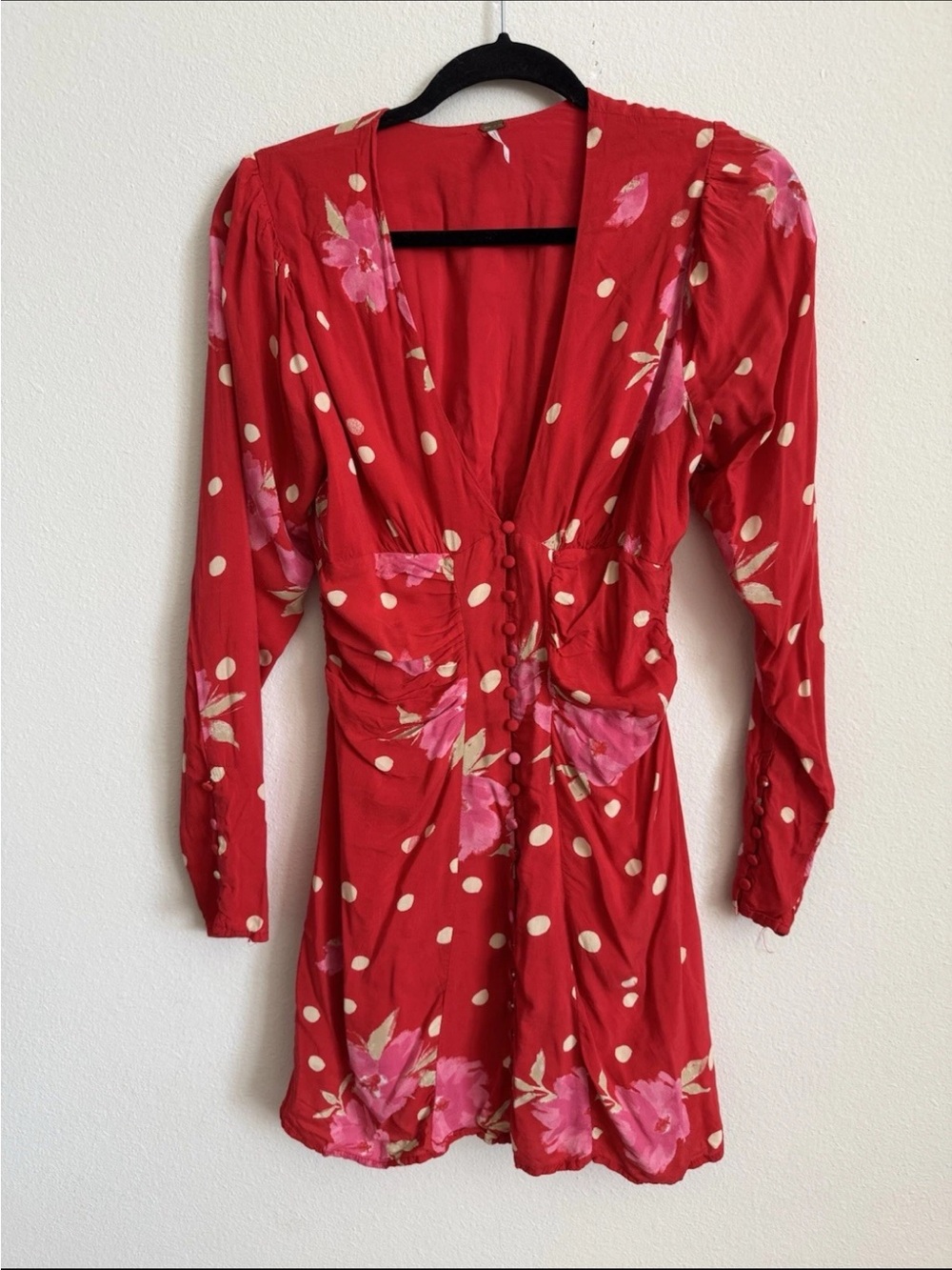 Free People Dress Date Night Strawberry Red Floral Polka Dot Mini S